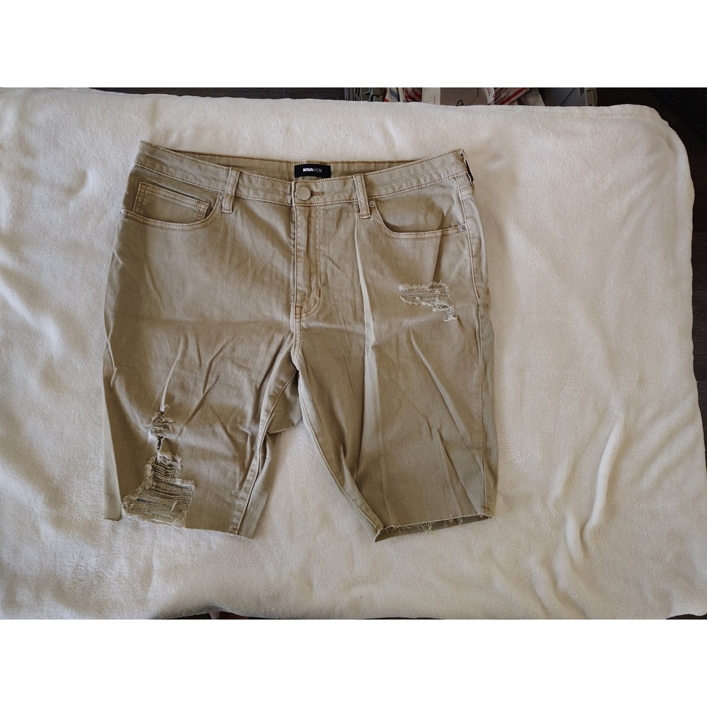 Fashion Nova Men Distressed Denim Shorts Khaki Tan‎ Ripped Frayed Hem Size 36